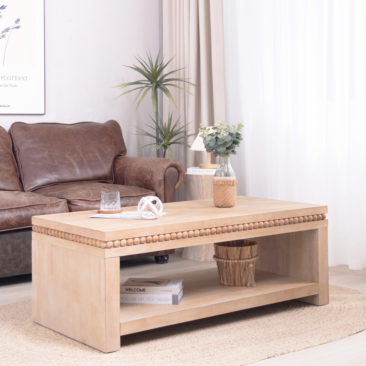 Modern Wood Coffee Table With Beaded Trim  47  Rectangular Coffee Table With Open Storage Shelf, Light Natural Finish  Farmhouse & Coastal Living Room Furniture