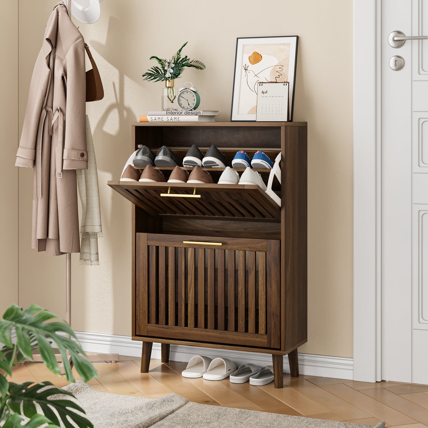 23.6-inch Walnut Shoe Cabinet, Medieval Modern Independent Shoe Cabinet, Fence Shoe Cabinet With 2 Flip Drawers, Suitable For Corridors And Entrances