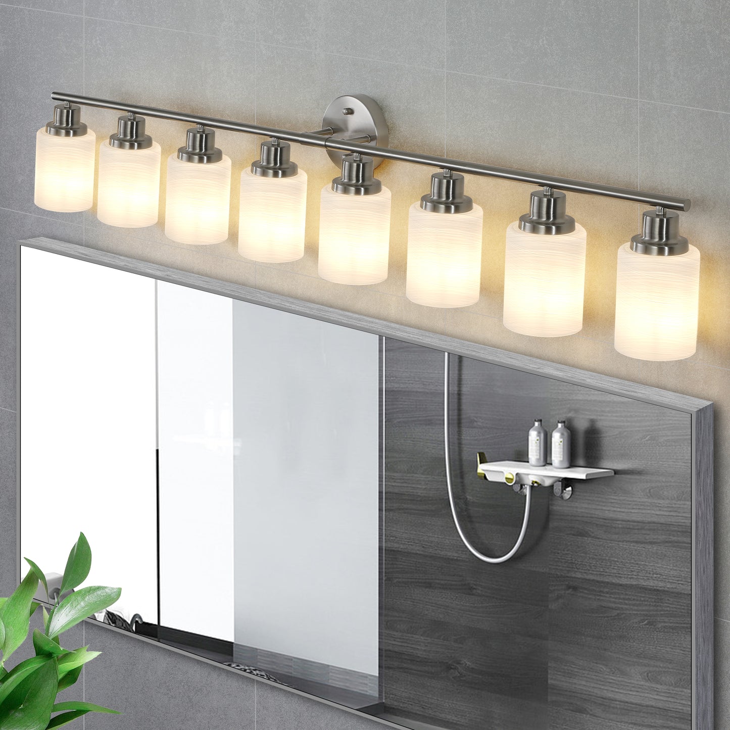 52  Modern 8-Light Vanity Wall Sconce, Brushed Nickel Finish With Frosted Glass Shades For Bathroom Or Hallway Lighting No Bulbs