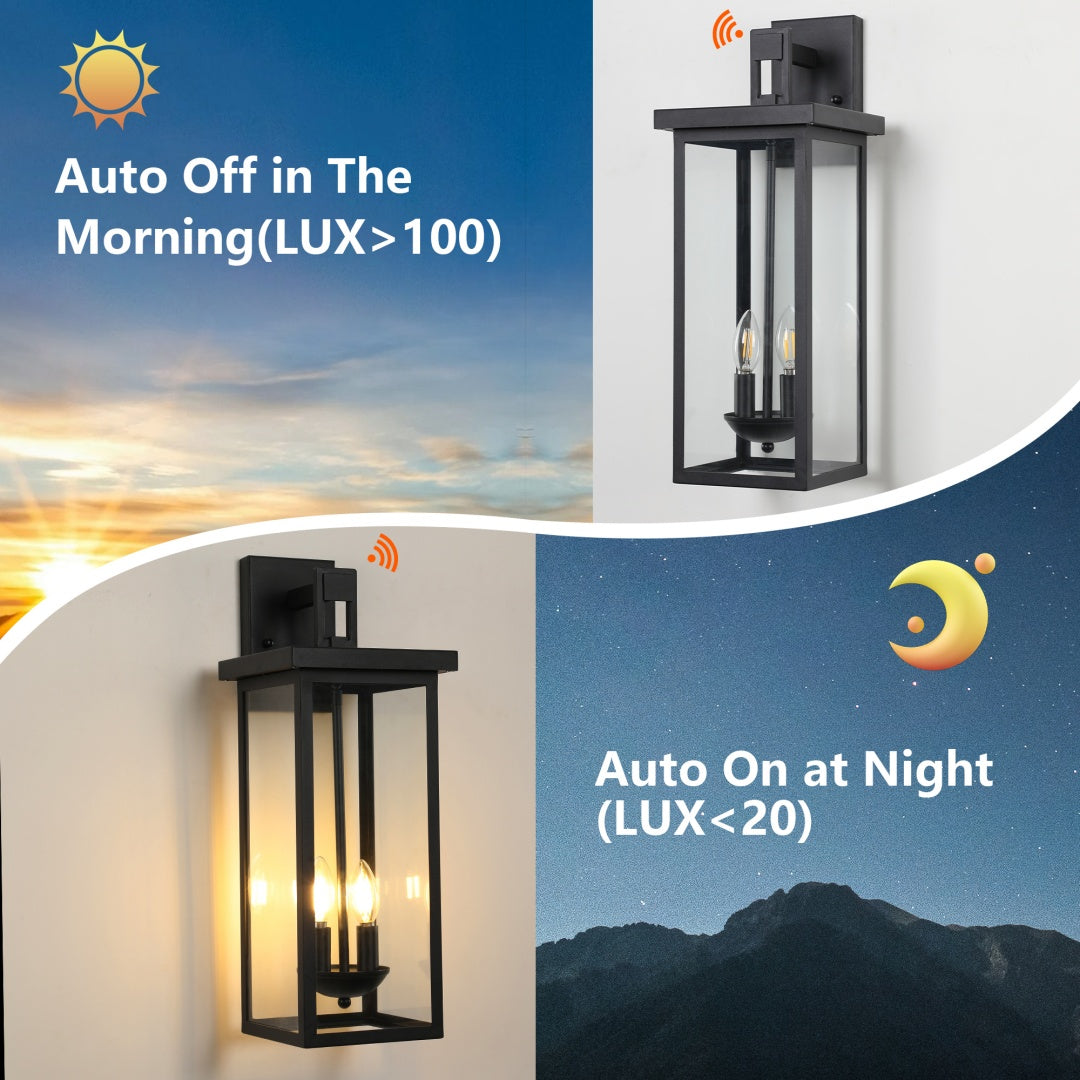 2-Pack 22.0  Outdoor Wall Lantern With Dusk To Dawn Sensor, Matte Black Finish, Clear Glass Panels, Weatherproof Exterior Light For Porch, Patio, Garage, 2-Light Design -Bulb Not Included
