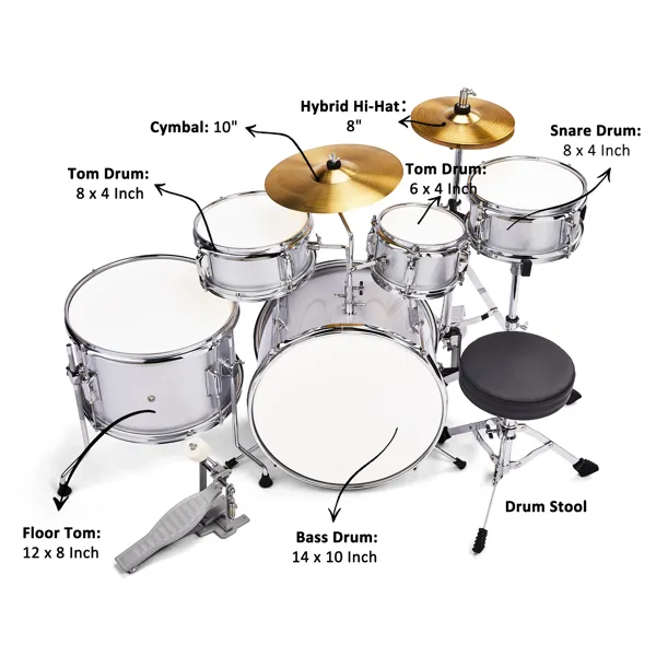 5-Pieces Junior Kids Drum Set Kit Pedal Drum Stick Wrench Drum Stool Silver