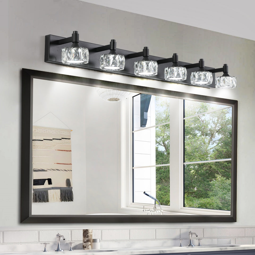 Modern 6-Light Matte Black LED Vanity Light Fixture With Crystal Glass Shades, Bathroom Wall Sconce For Elegant And Contemporary Home Decor