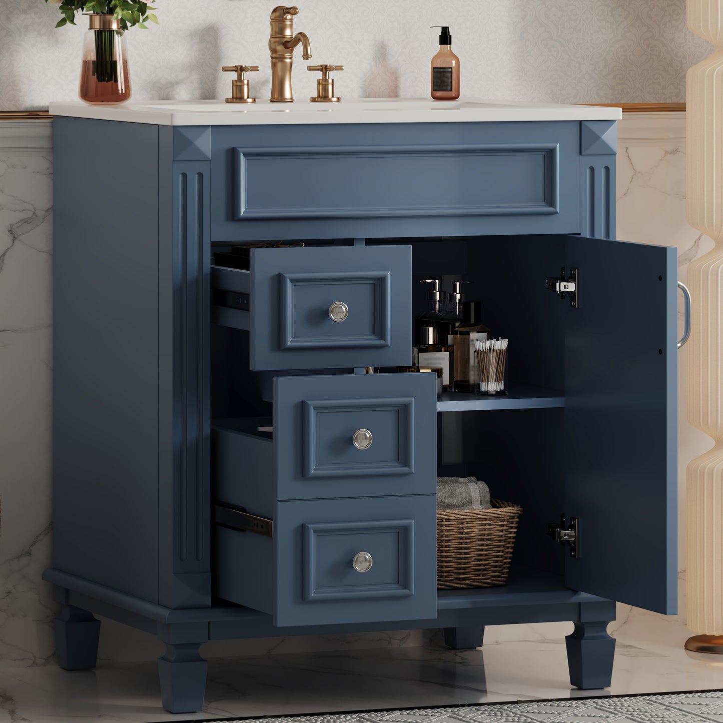 24   Bathroom Vanity With Ceramic Sink, Small Bathroom Sink Cabinet, Modern Cabinet With 2 Drawers And Adjustable Shelf