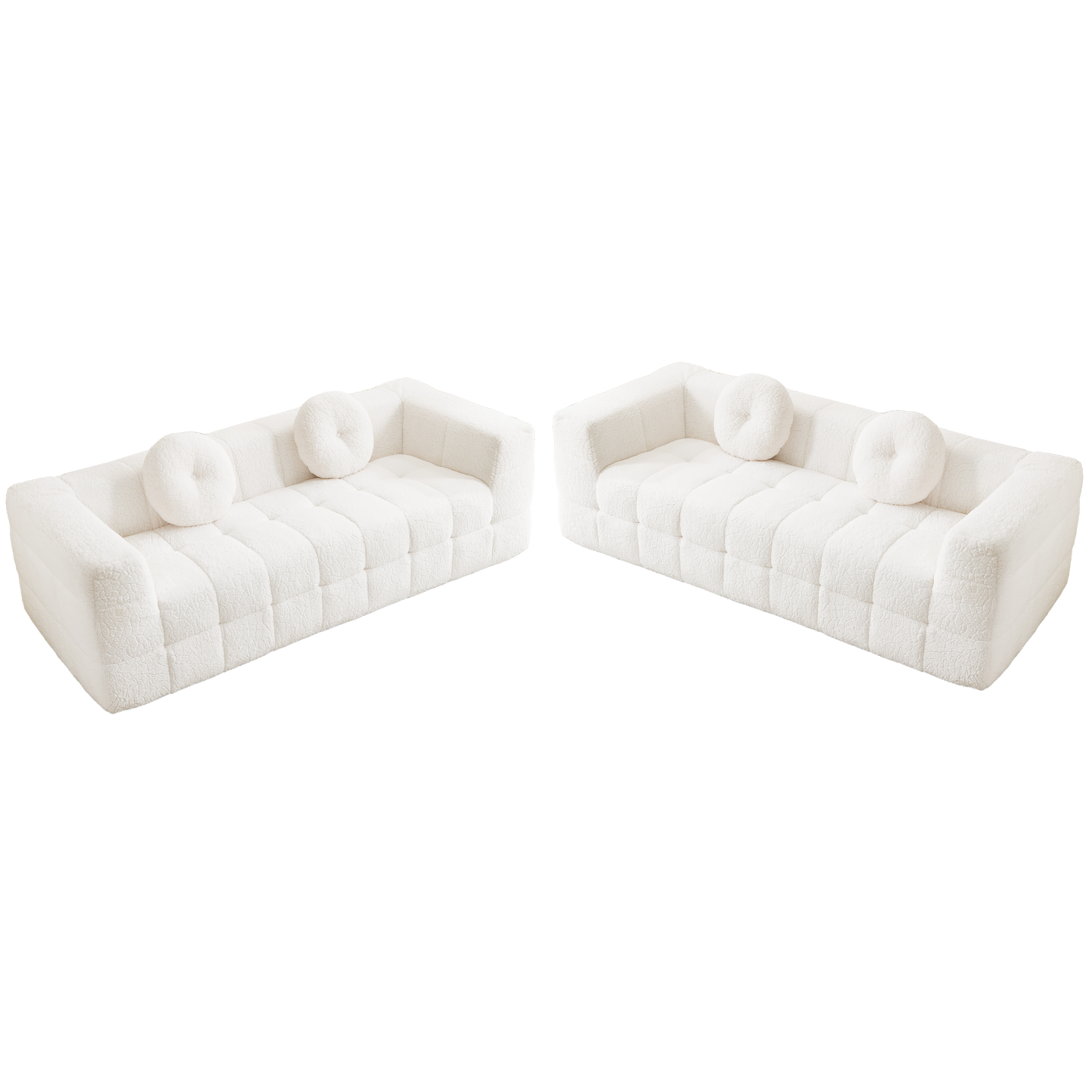 Modern Boneless Couch With Two Circular Throw Pillows,Skin-friendly Lychee-textured Long-pile Polyester Fabric,Checkered Fabric Design Foam Sofa