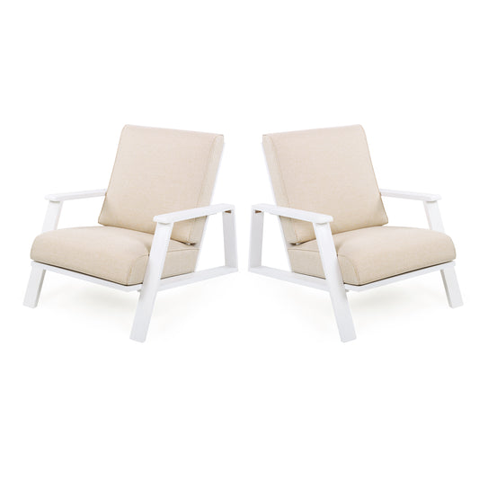 Patio Lounge Chair Set Of 2, Outdoor Club Chair With Beige Cushion And White Acacia Wood Frame