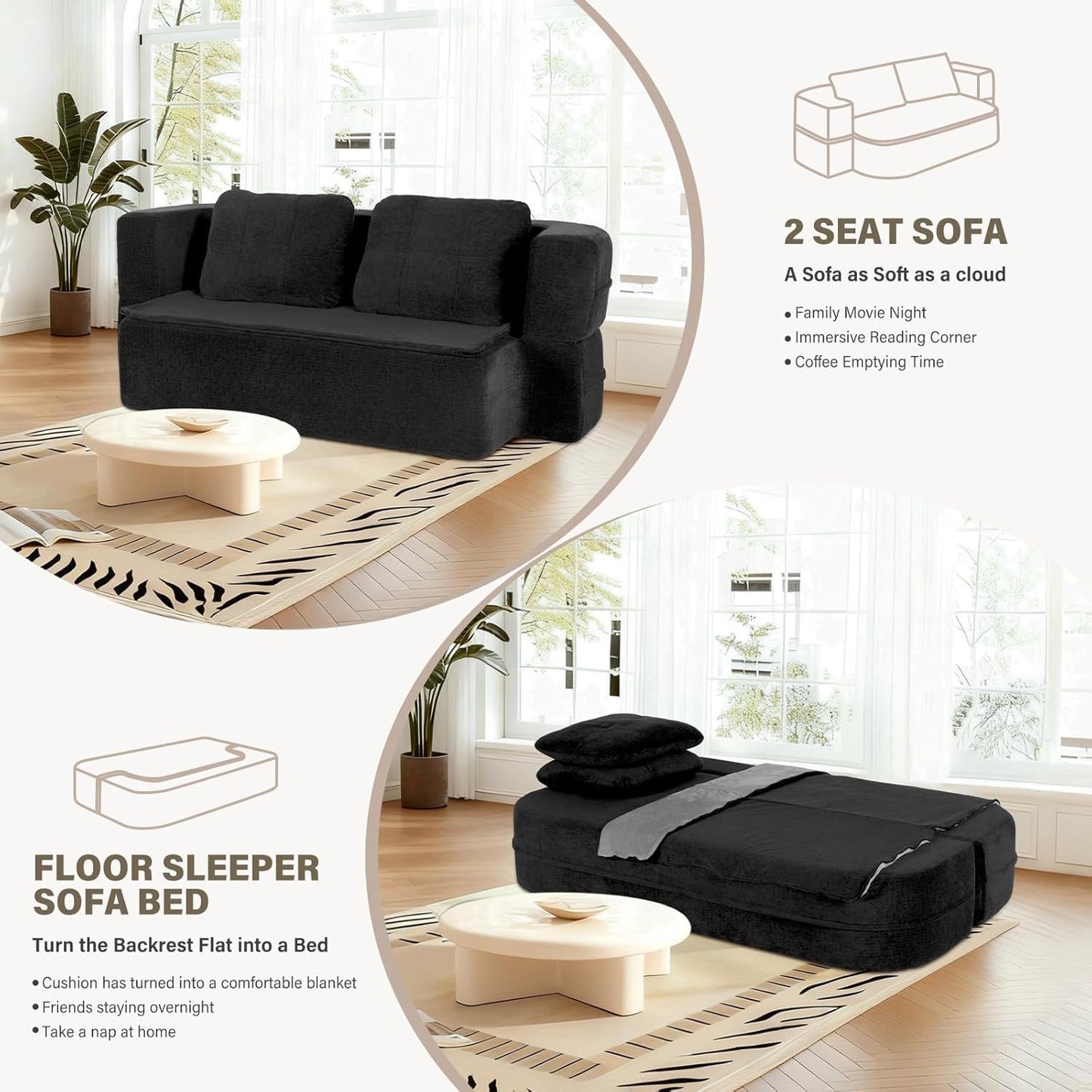 Convertible Sofa Bed With Blanket, Boneless Cloud Couch Queen   Fabric For Living Room Bedroom, Modular Loveseat With High-Density Solid Sponge No Assembly,Grey.