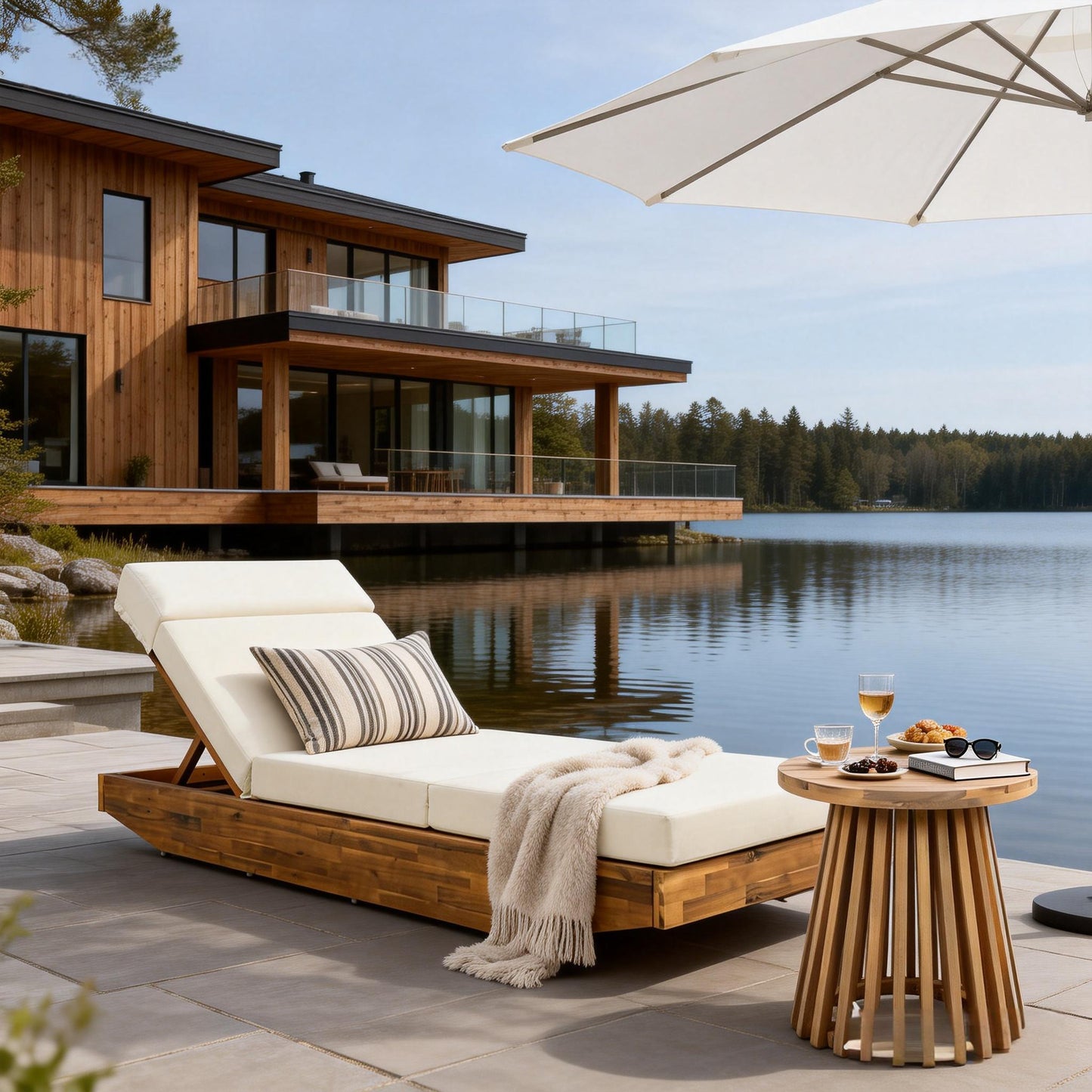 Modern Acacia Wood Outdoor Chaise Lounge With Beige Water-Repellent Cushion & Integrated Headrest, Adjustable & Foldable Design For Patio, Poolside, Garden