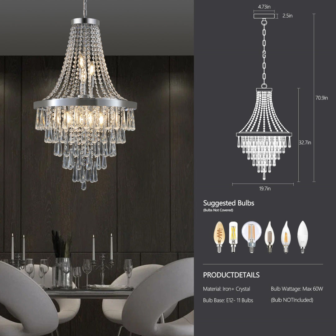 20  Chrome Crystal Chandelier With Adjustable Height, Modern Ceiling Light Fixture For Living Room, Dining Room, Staircase, 11-Light E12 Bulb Base  No Bulbs