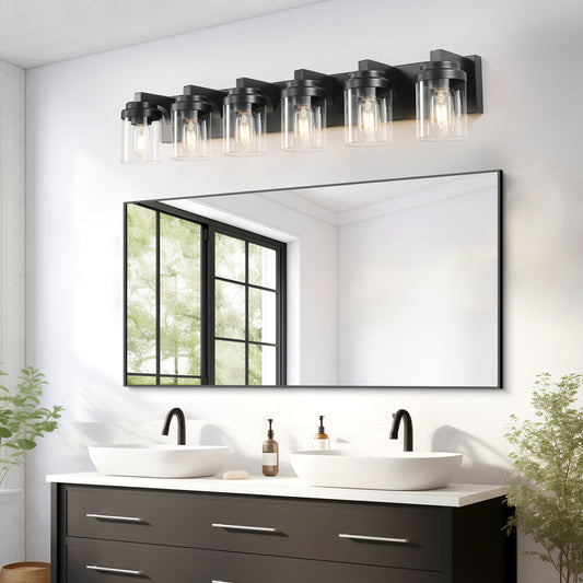 6 Light Bathroom Light Fixtures Over Mirror Bathroom Vanity Light, Black Vanity Lights With Clear Glass Shade, Modern Bathroom Light Fixtures For Bedroom, Hallway Bulbs Not Included