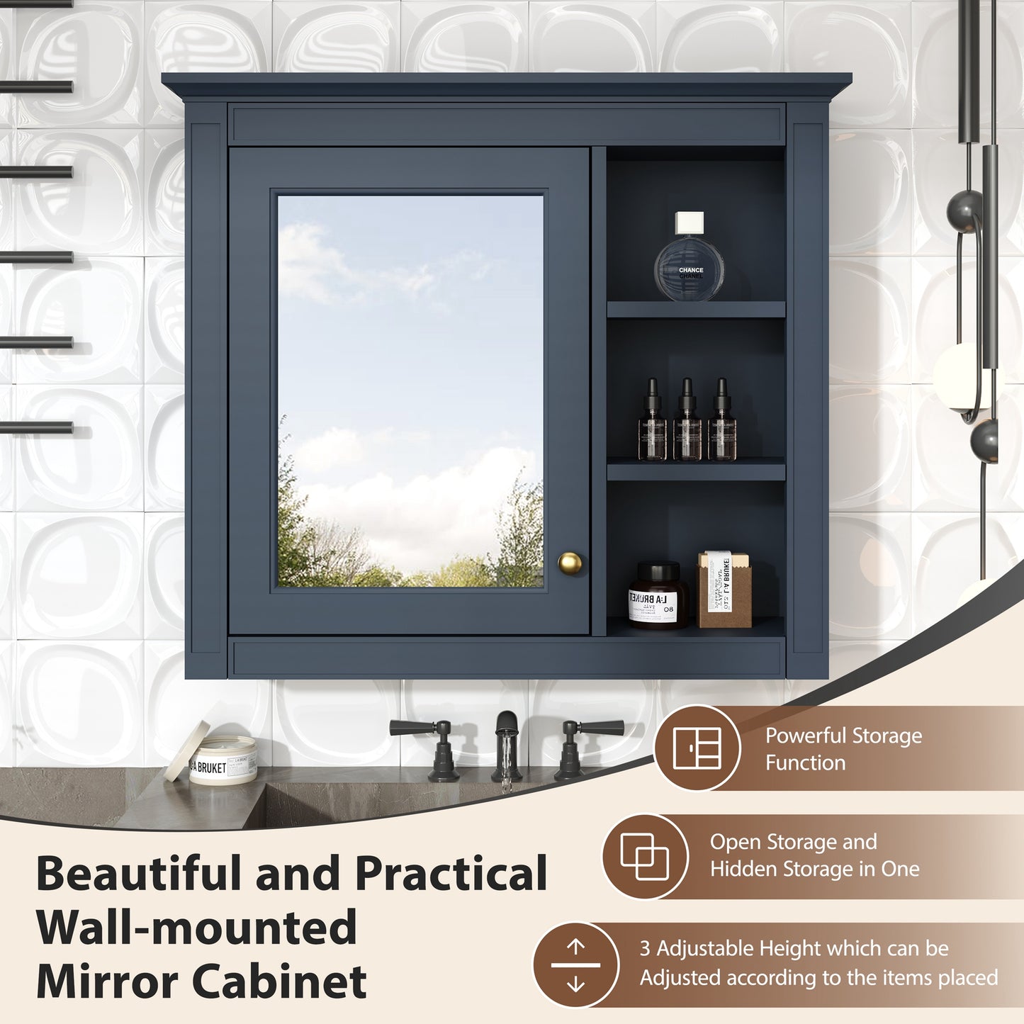 30   X 28   Medicine Cabinet, Wall Mounted Bathroom Storage Cabinet, Modern Bathroom Wall Cabinet With Mirror,Medicine Cabinet, Mirror Cabinet With 3 Open Shelves   Not Include Bathroom Vanity