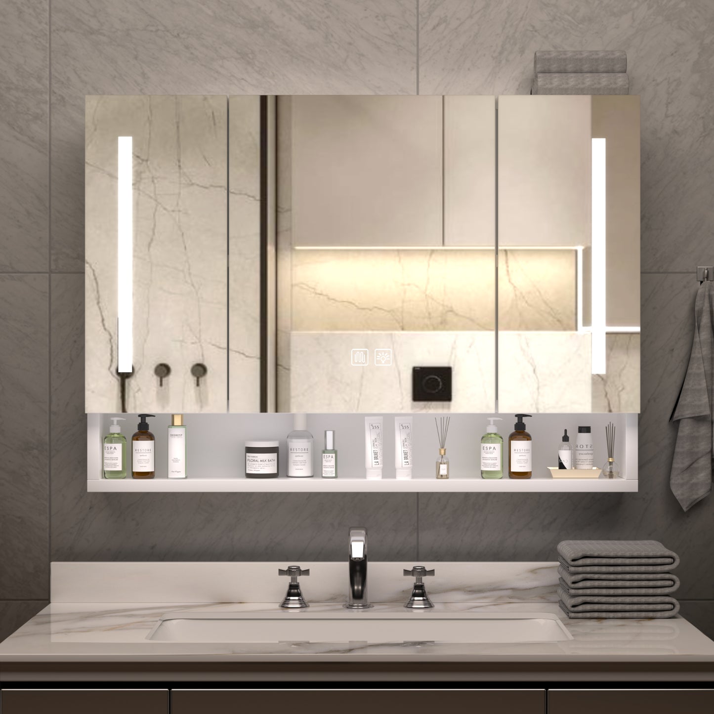 Modern 39x28 Inches Aluminium Bathroom Cabinets  Medicine Cabinets With Mirrors And LED Lights  Bathroom Storage Cabinet With Multilevel Storage Compartments