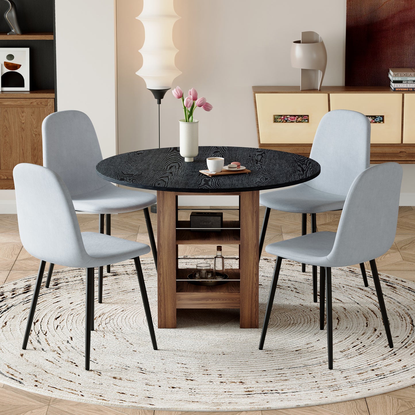 Table And Chair Set. 42 Inch Round MDF Black Dining Table With Double-layer Storage Shelves, Stable Frame. Paired With 4 Light Gray Linen-Cotton Material High Resilience Dining Chair With Metal Leg.