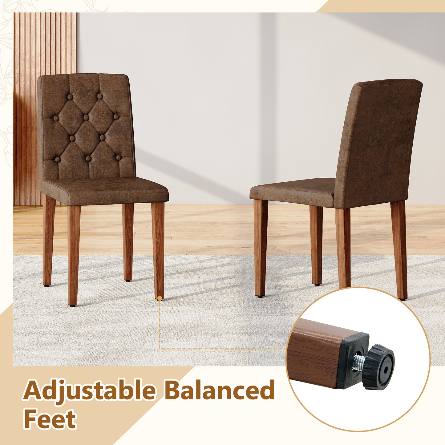 Table And Chair Set. 42 Inch Round MDF Black Dining Table With Double-layer Storage Shelves. Paired With 6 Brown Suede Fabric Chairs Features A Decorative Button-tufted Backrest,walnut Metal Legs.