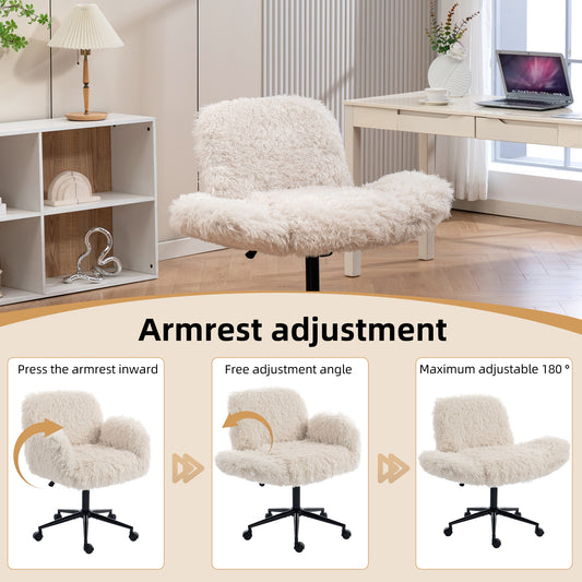 Criss Cross Chair With 5-Gear Adjustable Armrests & Wheels, Ergonomic Thickened Backrest Swivel Desk Chair For Home Office, Vanity, Bedroom And Living Room, Beige Lamb Wool