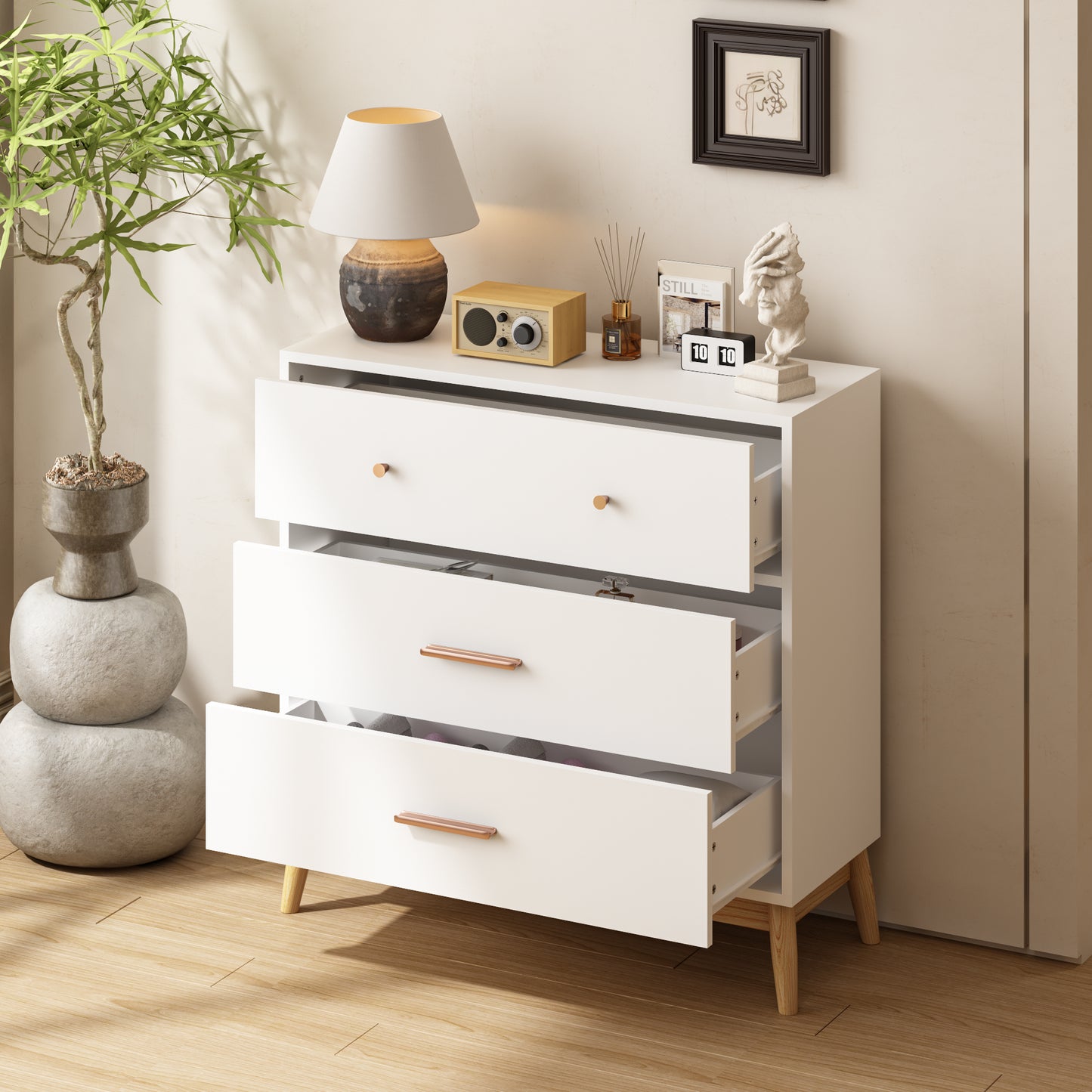Nordic Style 3-Drawer Storage Cabinet, Modern White Chest Of Drawers With Rose Gold Handles & Solid Wood Base, Small Space Organizer For Office, Kids Room, Nursery
