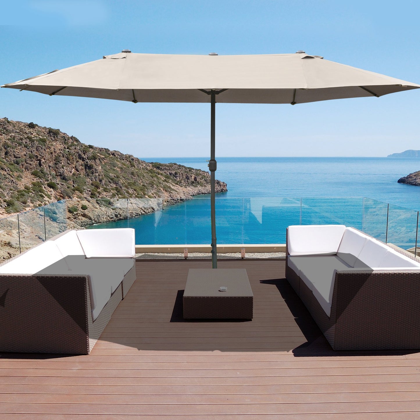 Patio Umbrella 15' Steel Rectangular Outdoor Double Sided Market With Base, UV Sun Protection & Easy Crank For Deck Pool Patio, Coffee