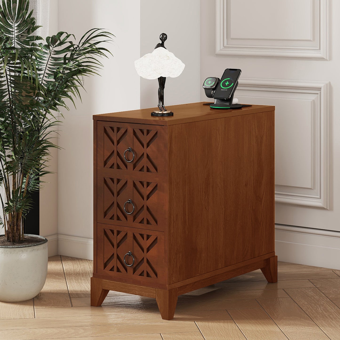 End Table With 3 Drawers, Corner Table With 2 Open Shelves, Tall Side Table For Bedroom And Corner, Walnut,Expect Arrival Date 2025 5 27