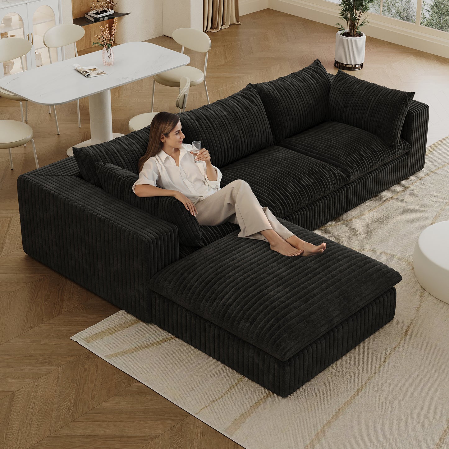 118.2 Cloud Sofa,Corduroy Fabric,Deep Seat Couches,Double-layer Design,Removable Cushion,No Assembly, DIY Combination For Living Room, Bedroom,Conference Room ,Apartment,Black