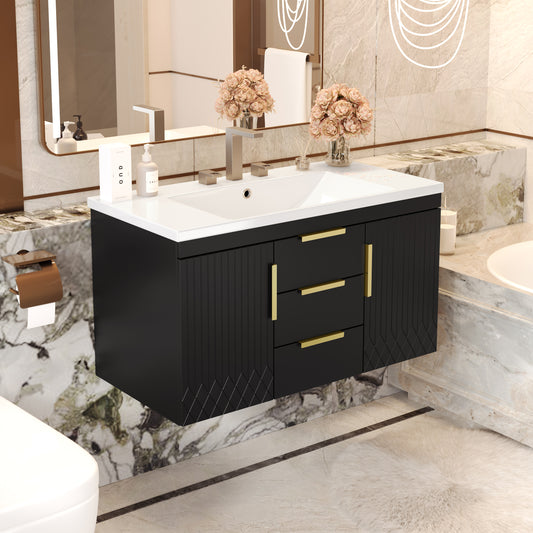 36 Wall Mounted Bathroom Vanity With Resin Sink, Floating Bathroom Storage Cabinet With 2 Drawers, Solid Wood Bathroom Cabinet