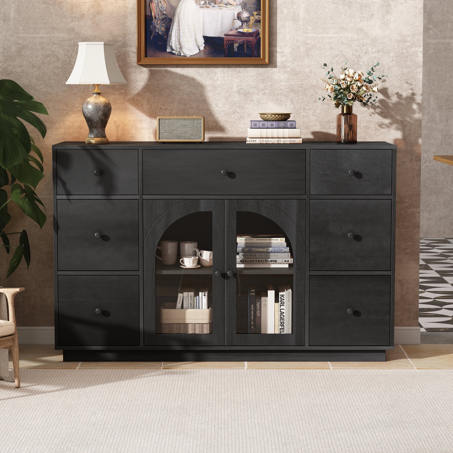 Cabinet With Storage For Living And Dining Room Entrance, Large Size, 2 Doors And 7 Drawers, Black