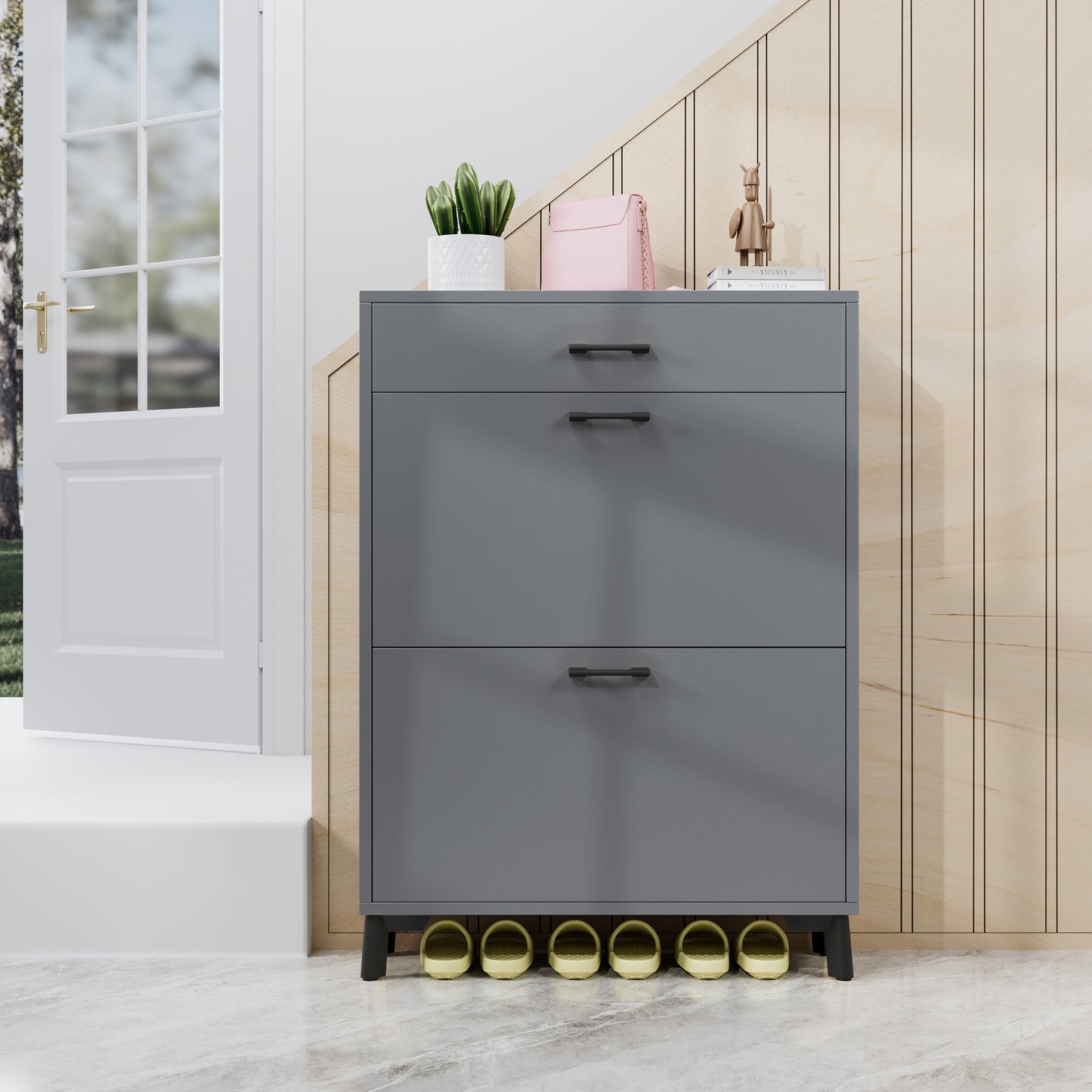 Shoe Storage Cabinet For Entryway, Free Standing Shoe Organizer With 2 Flip Drawers, Hidden Shoe Rack Storage Organizer For Doorway Hallway Closet, Gray