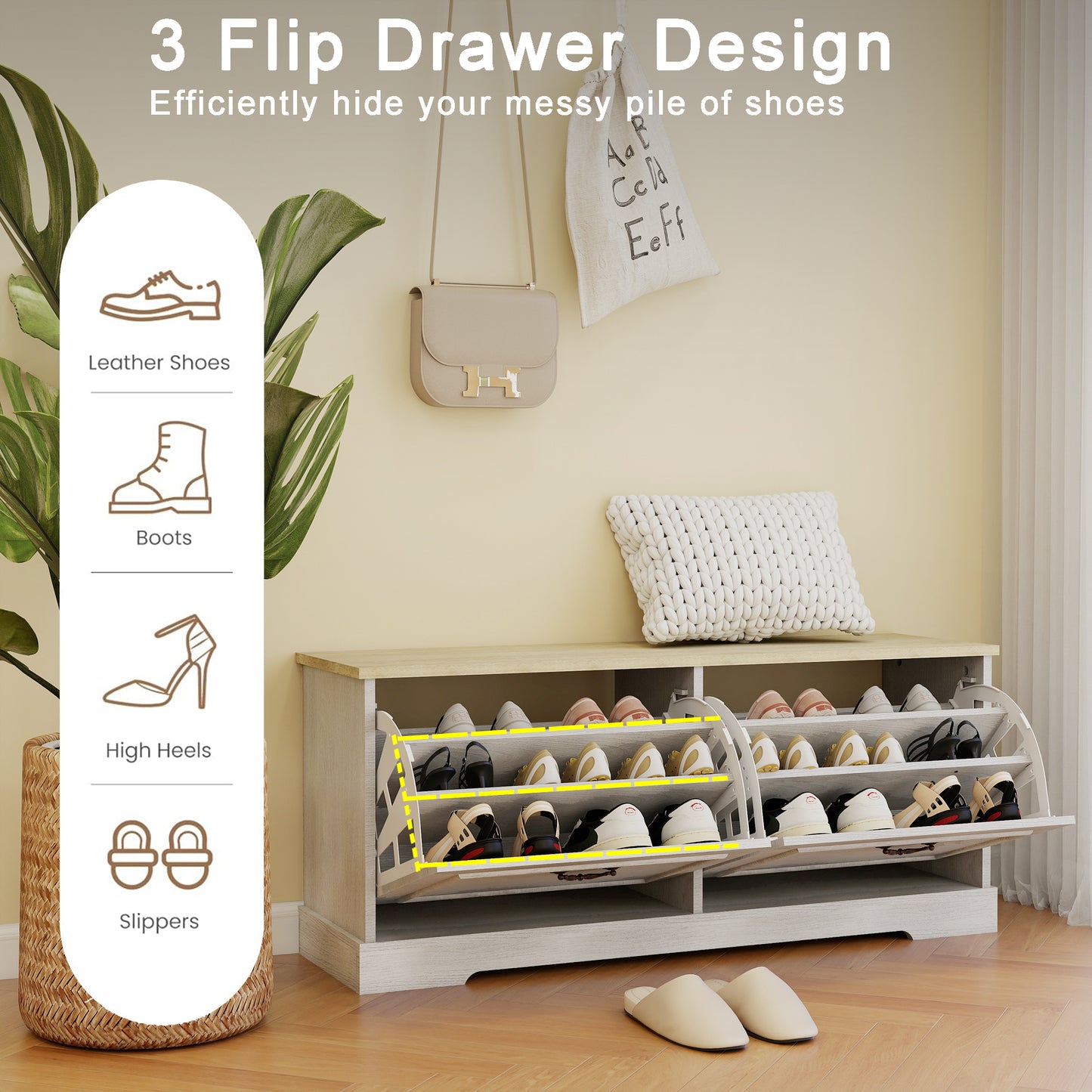 Shoe Storage Bench With 2 Flip Drawers And Adjustable Shelf For Entryway, Hallway, Bedroom-Antique White
