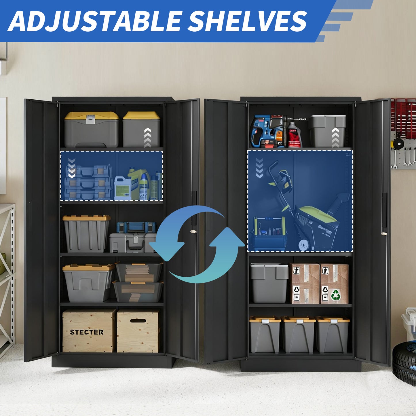 71H Metal Garage Storage Cabinet, Black Tool Steel Locking Cabinet With Doors And 4 Shelves, Tall Cabinets For Garage Storage Systems Lockable File Cabinet For Home Office, Classroom Pantry