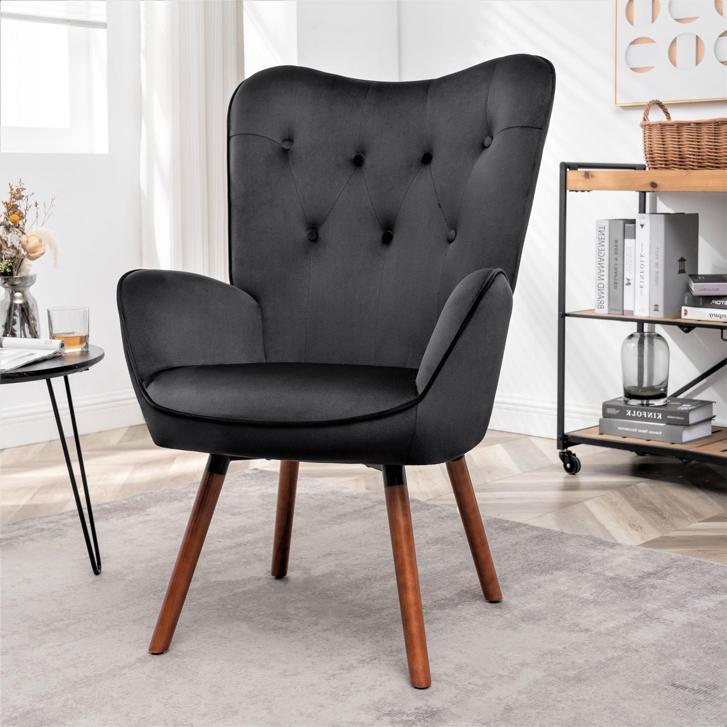 Mid-Century Modern Wingback Accent Chair, Button-Tufted Polyester Fabric Armchair With Solid Wood Splayed Legs For Living Room Bedroom Home Office