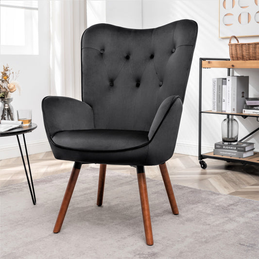 Mid-Century Modern Wingback Accent Chair, Button-Tufted Polyester Fabric Armchair With Solid Wood Splayed Legs For Living Room Bedroom Home Office