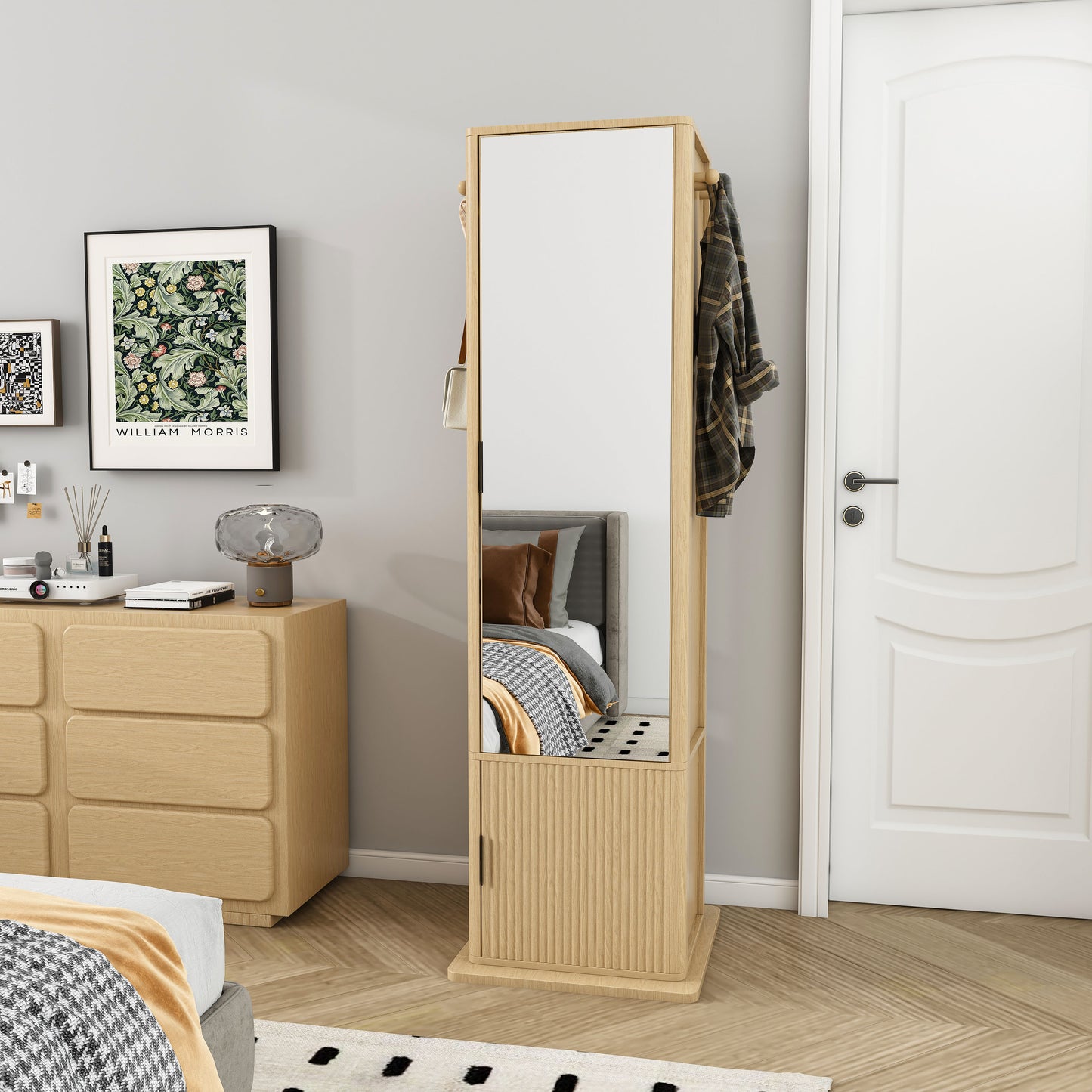 360 Rotating Makeup Cabinet, Jewelry Cabinet With A Full-length Mirror, Standing Storage Cabinet With A Coat Rack, 4 Layers Of Open Shelves And 2 Layers Of Built-in Shelves, Walnut