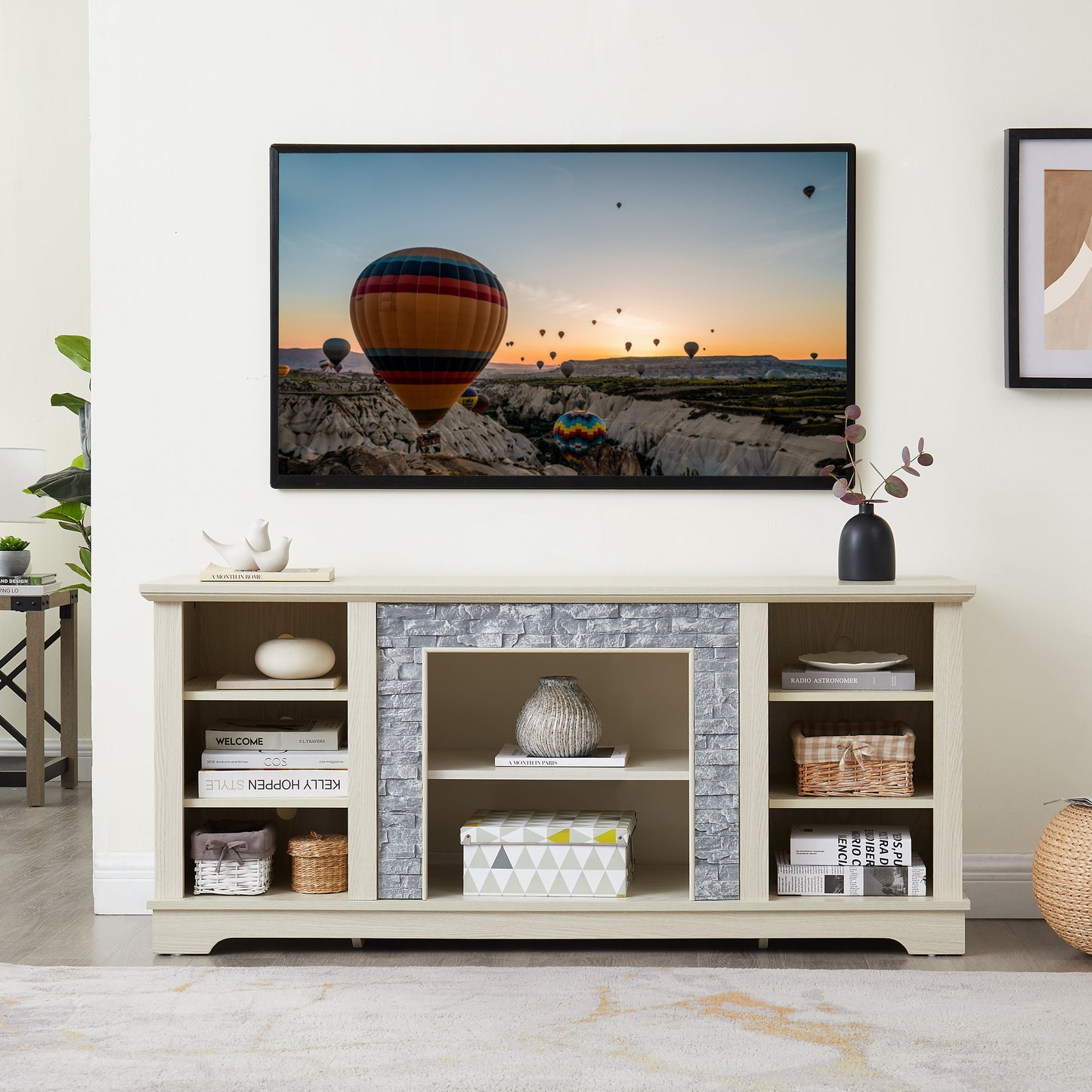 Mantel Stone TV Media Stand With With Faux Stacked Stone Surround, Modern Entertainment Console With Open Storage Space,WHITE, 58.31 Wx15.39 Dx26.06 H