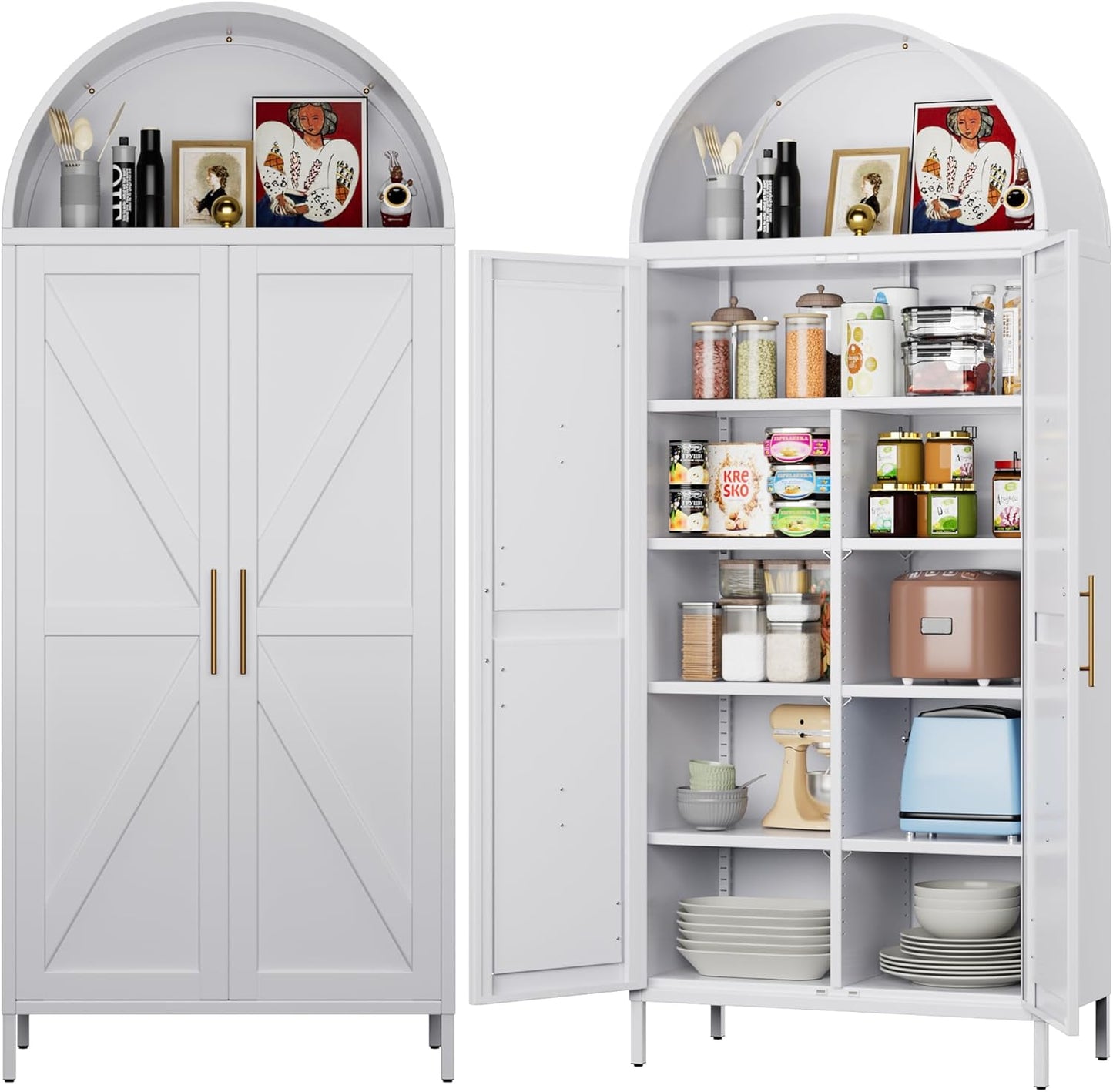 Tall Kitchen Pantry Cabinet, Arched Storage Cabinet With Doors And Adjustable Shelves, White Freestanding Cupboard For Laundry, Dining Room, Living Room, Bathroom