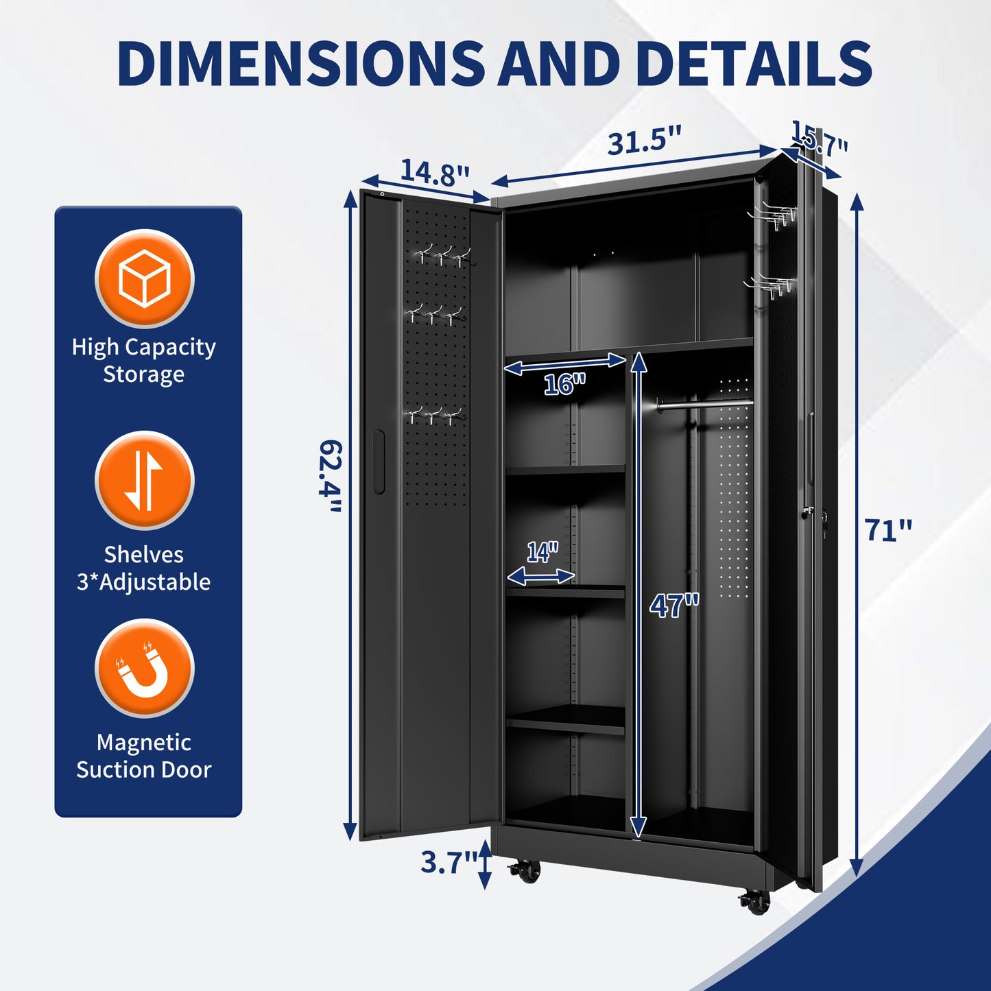 Rolling Metal Storage Locker Cabinet With Lockable Doors - 71  Freestanding Steel Wardrobe For Home, Office, School, Employee, Gym & Fire Department  Black