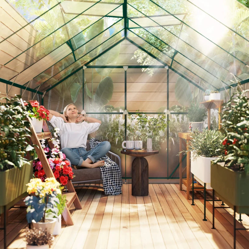Aluminum Greenhouse Polycarbonate Walk-in Garden Greenhouse Kit With Adjustable Roof Vent, Rain Gutter And Sliding Door For Winter, Clear