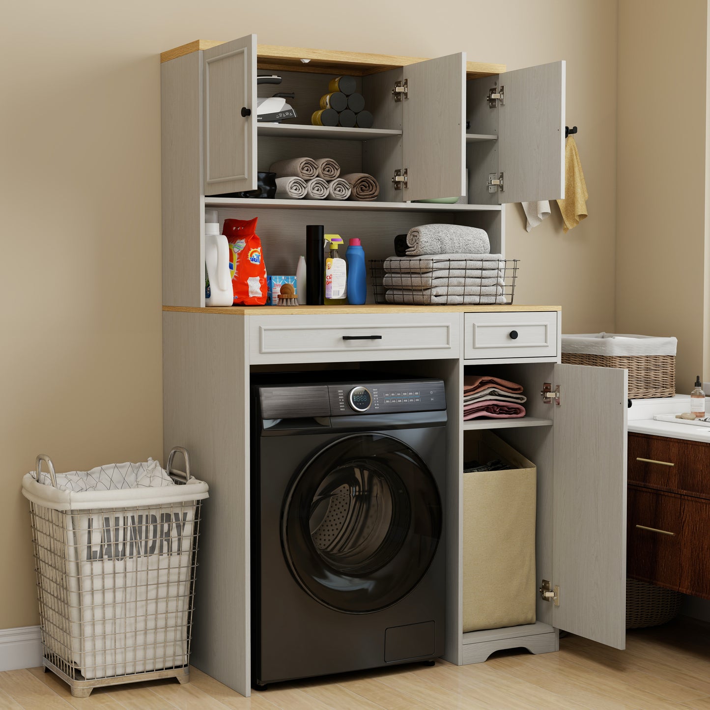 Over The Washer, Dryer And Robot Vacuum Storage Cabinet Suitable For Compact Washing Machines, Laundry Room Storage Organizer With 1 Laundry Basket, 1 Drawer And 2 Adjustable Shelves-Antique White