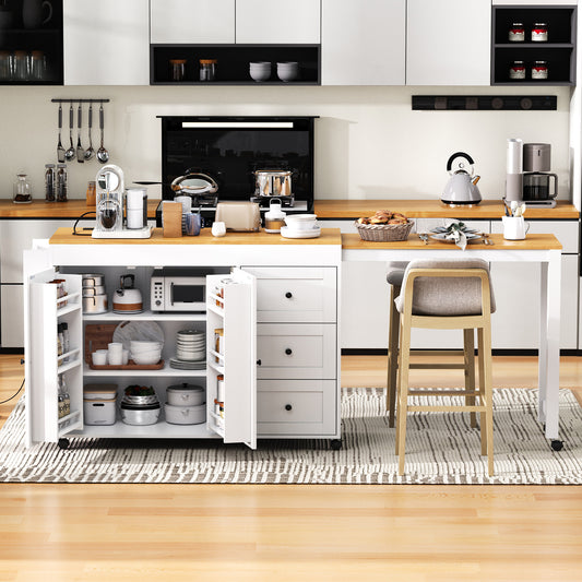K&K 74.8   Kitchen Island With Extendable Dining Table, Kitchen Storage Cart With 3 Drawers, Power Outlet, Rolling Kitchen Island On Wheels With Spice Rack And 2 Door Cabinet, For Kitchen, White
