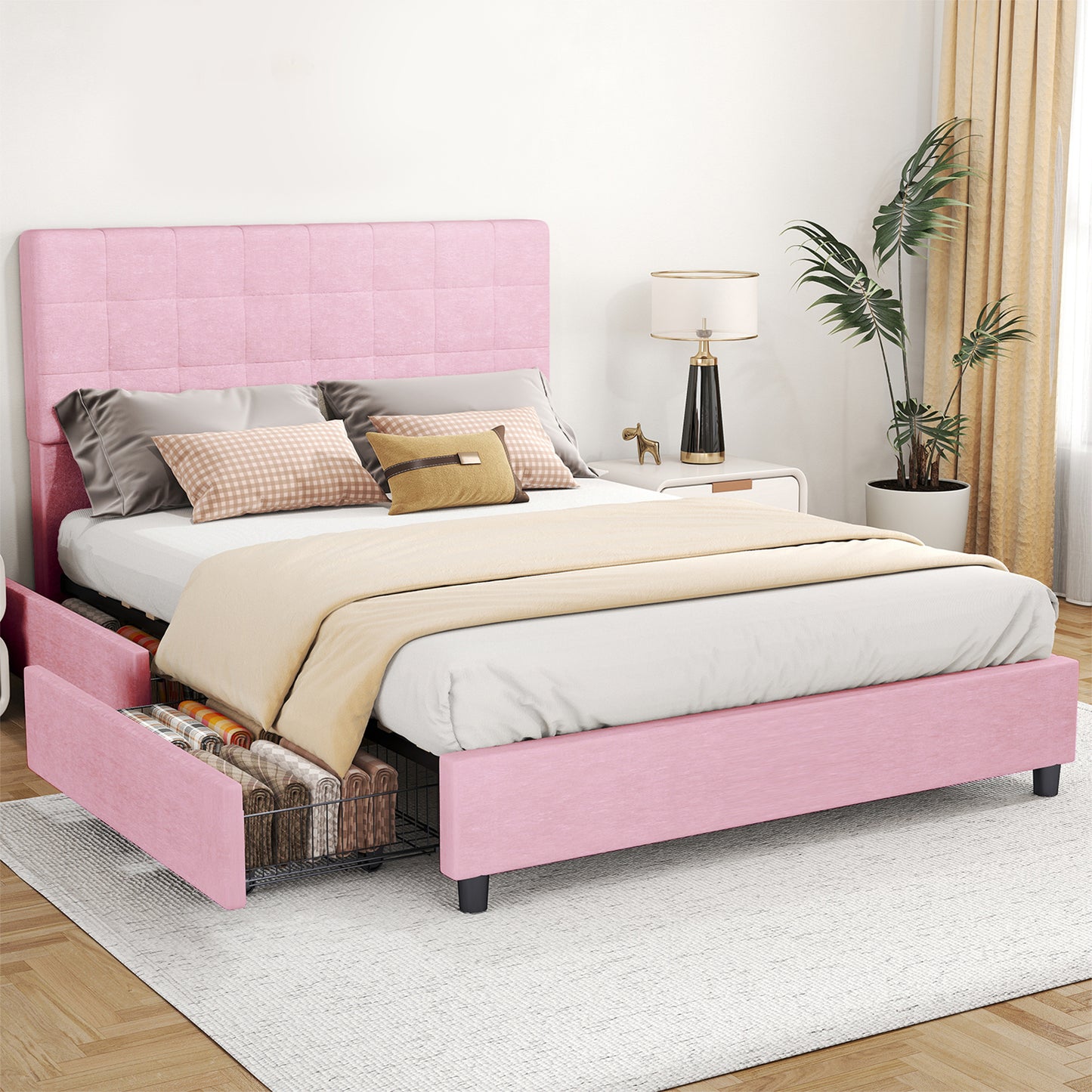 Queen Bed Frame Upholstered Vertical Channel Headboard Bed Frame With 4 Storage Drawers Wood Slats No Box Spring Needed Easy Assembly For Bedroom