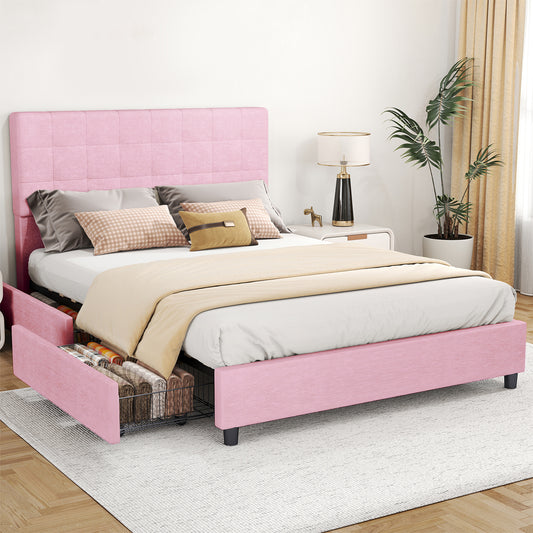 Queen Bed Frame Upholstered Vertical Channel Headboard Bed Frame With 4 Storage Drawers Wood Slats No Box Spring Needed Easy Assembly For Bedroom
