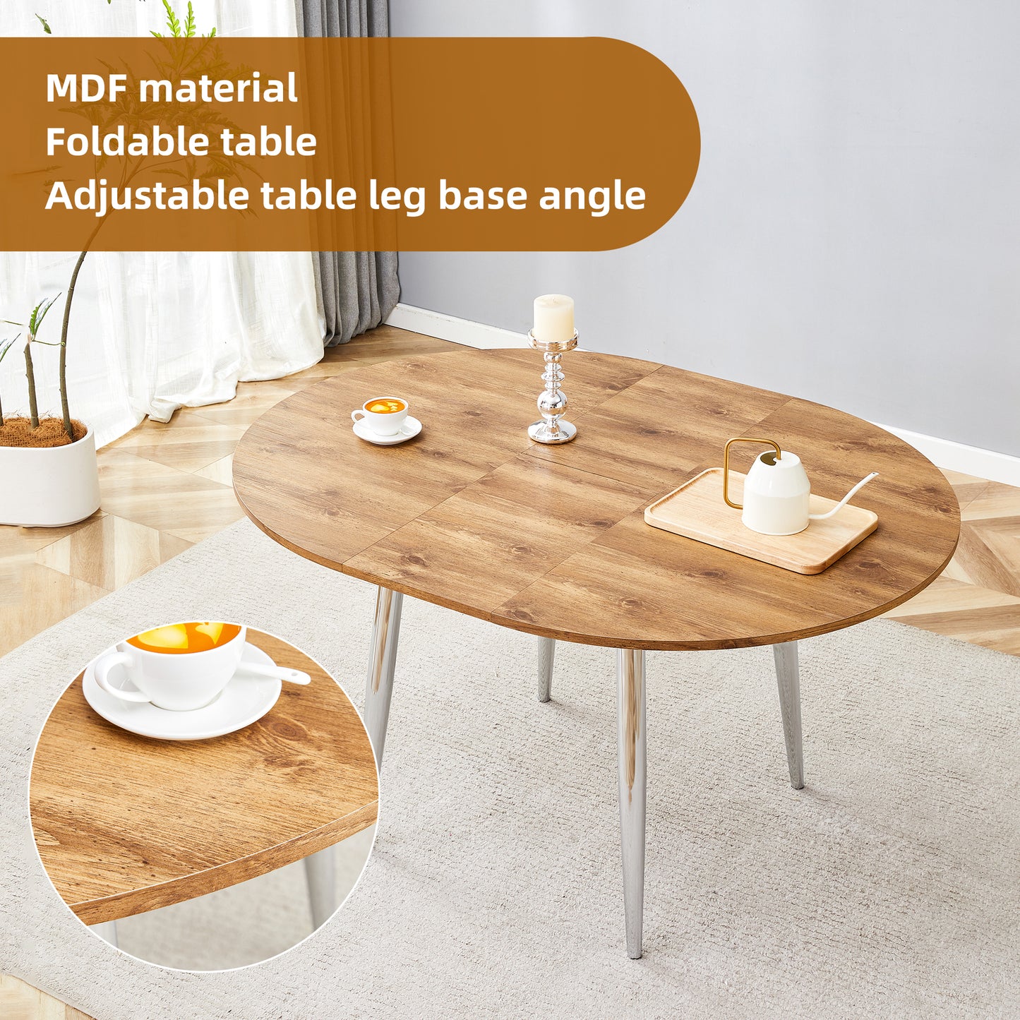 Table And Chair Set.With A Expandable Mechanism,the Wood Grain MDF Table Top And Silver Metal Legs And Has A Smooth Surface.Paried With 4 Black PU Chairs With A Vertical Stripe Design On The Backrest.