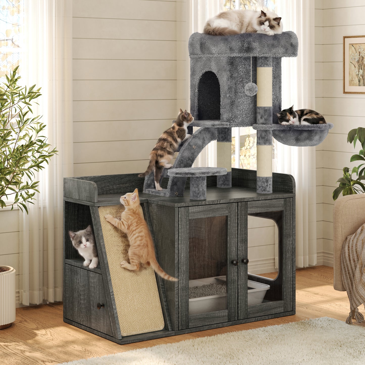Litter Box Enclosure With Cat Tree, Hidden Litter Box With LED Light, Sisal Scratching Board And Storage Space, Modular  Litter Box Furniture With Condo And Platform, All-in-one Cat Tower,Grey