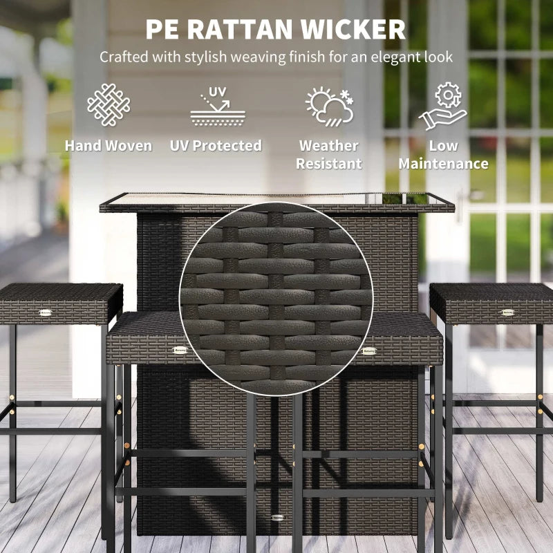 5 Piece Rattan Wicker Bar Set, High Top Outdoor Table And Chairs, Bar Height Patio Set, 2 Shelves & 4 Bar Stools, Brown