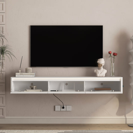 Floating TV Stand, Wall Mounted TV Shelf With Led Lights & Power Outlet,Cabinet For White Tv Stands For Living Room