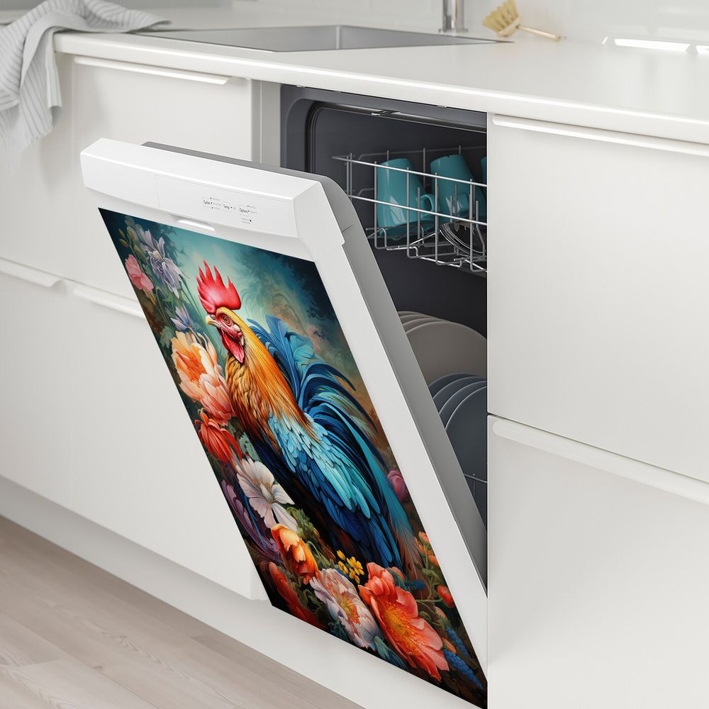 1 Piece 2D Flat Dishwasher Magnet Cover, Rooster And Flowers - Refrigerator Door Sticker, Easy To Clean Appliance Panel Sticker