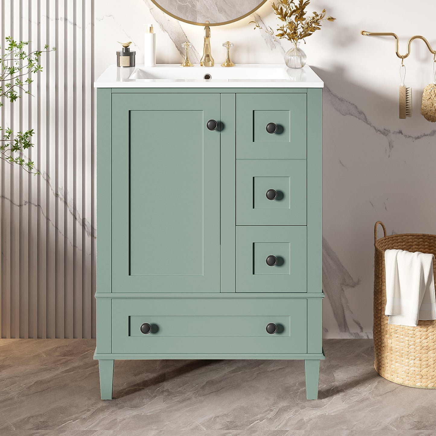 24-inch Light Green Bathroom Vanity With An Integrated Ceramic Basin, Featuring A Door-mounted Double-layer Shelf, Soft-close Drawers, And A Soft-close Cabinet Door