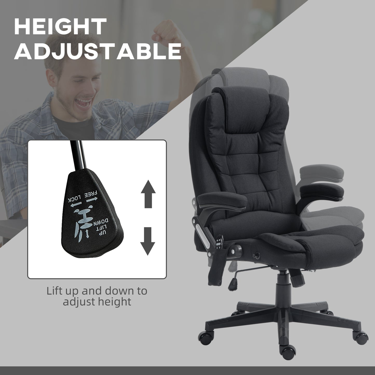 6 Point Vibrating Massage Office Chair With Heat, Linen High Back Massage Desk Chair With Reclining Backrest, Black