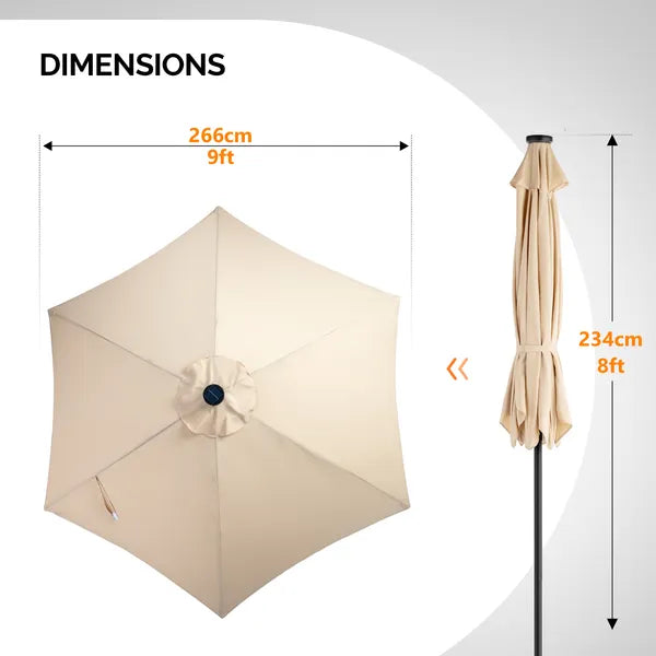 9ft Solar Patio Umbrella With LED Lights, Outdoor Market Table Umbrella With Push Button Tilt & Crank, 6 Ribs Waterproof Polyester Deck Umbrella For Garden, Backyard, Pool, Beige