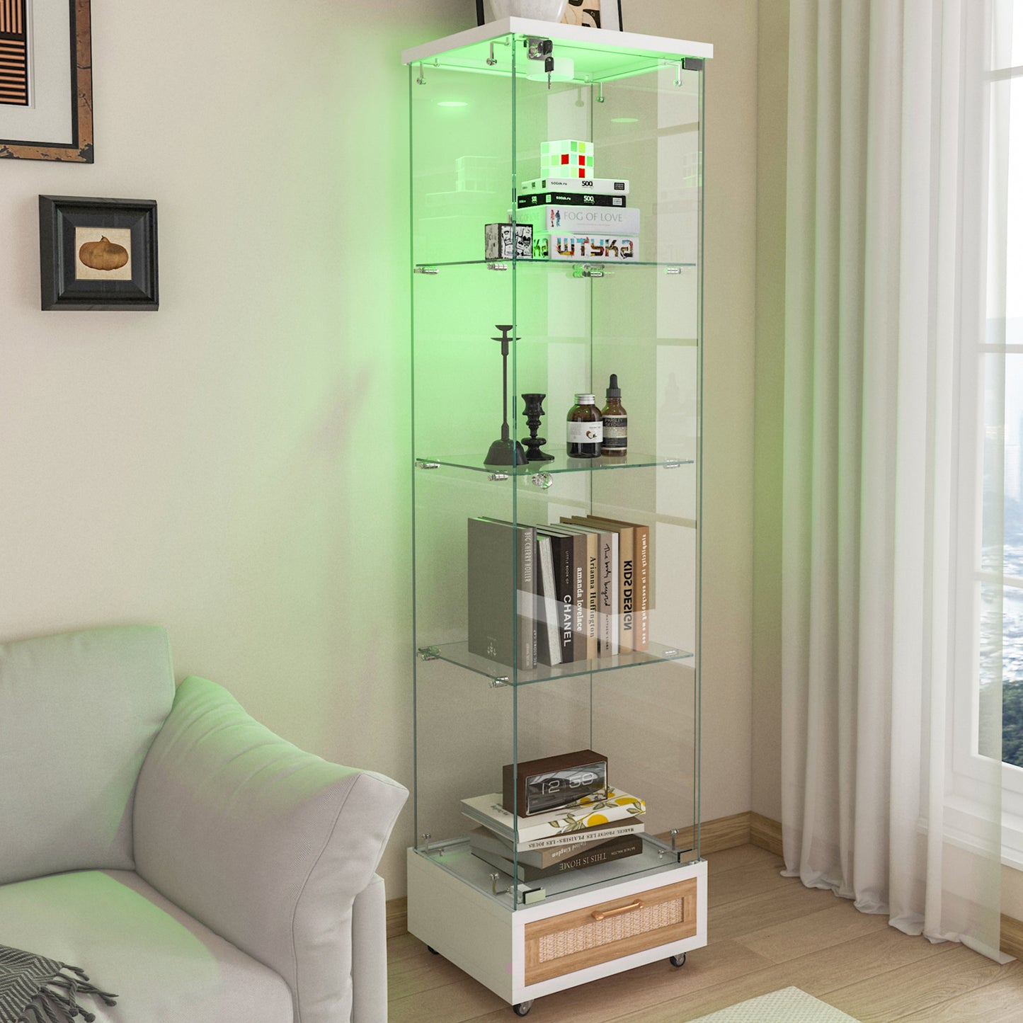 Modern Glass Display Cabinet With Drawer , Quick-assembly Antique Cabinet With LED Lights, Tempered Glass Bookshelf,  1-Door Storage Case With 4 Shelves  For Living Room And Bedroom, White And Natural