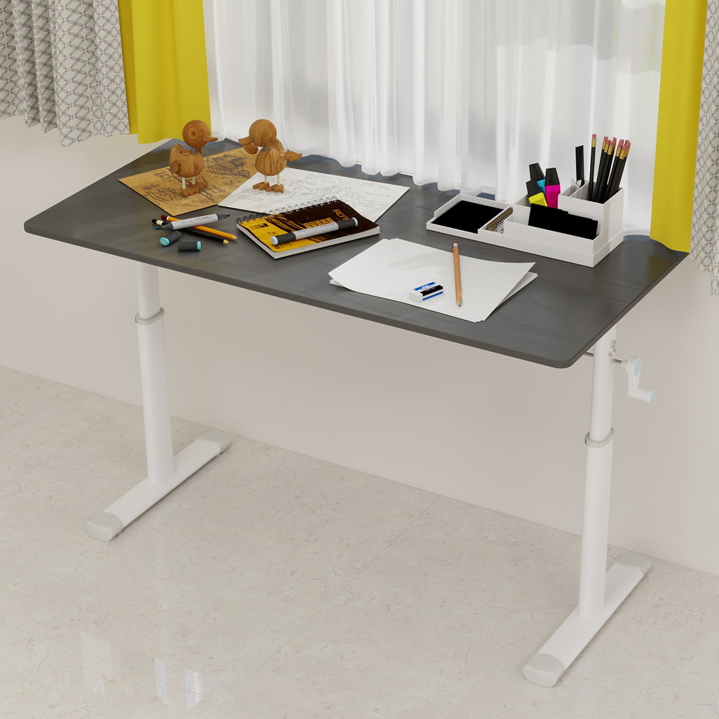 Adjustable Study Desk Suitable For Children And Adults, Height Adjustable, Multifunctional Home Office Desk Compact Design, Desktop Dimensions 60cm X120cm, White Frame, Gray Tabletop.