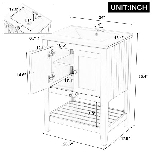 24  Brown Modern Sleek Bathroom Vanity Elegant Ceramic Sink With Solid Wood Frame Open Style Shelf