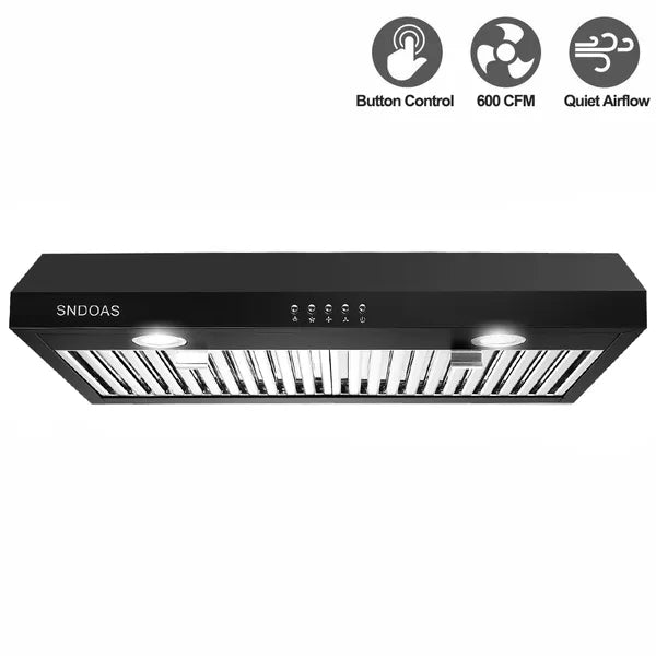 30 Inch Kitchen Under Cabinet Range Hood 3-Speed 600CFM Vent W/LEDs Silver/Black